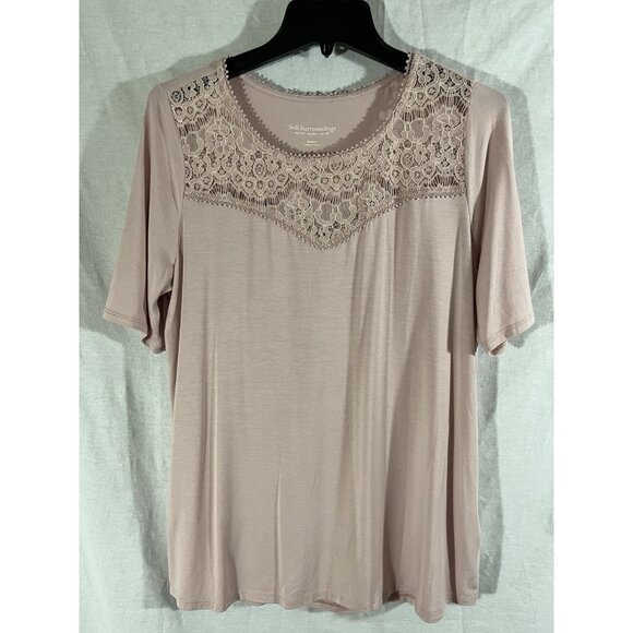 Soft Surroundings Women's Pink Medium Short Sleeve Super Soft Blouse With Lace - Picture 1 of 7